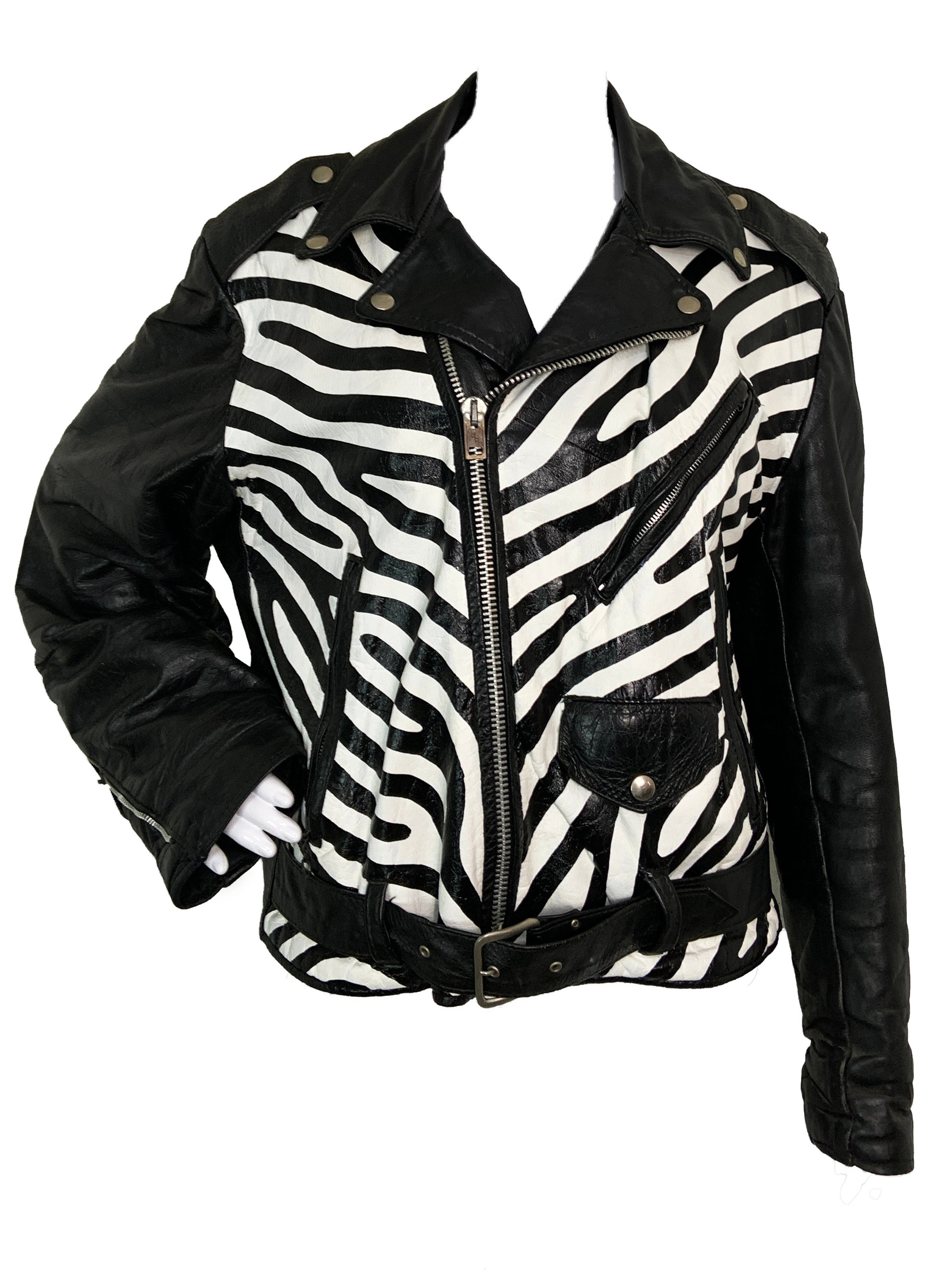 Hand Painted Leather Jacket Zebra Print M Unisex Custom Vintage - Etsy