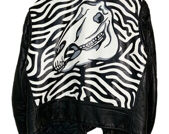 Hand Painted Leather Jacket Zebra Print M Unisex Custom Vintage - Etsy