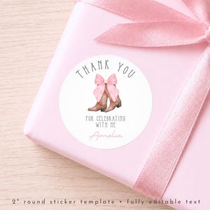 Pink Cowgirl Birthday Thank You Sticker Template, Editable Round Label Printable, Digital Download