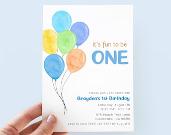 Invitación para el primer cumpleaños de un niño, globos de colores, invitaciones para fiesta "One Is Fun" para un año, digital.