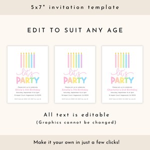 Pastel Birthday Invitation Girl, Rainbow Birthday Invite Kids, Lets Party Invites Girls, Digital Download image 2