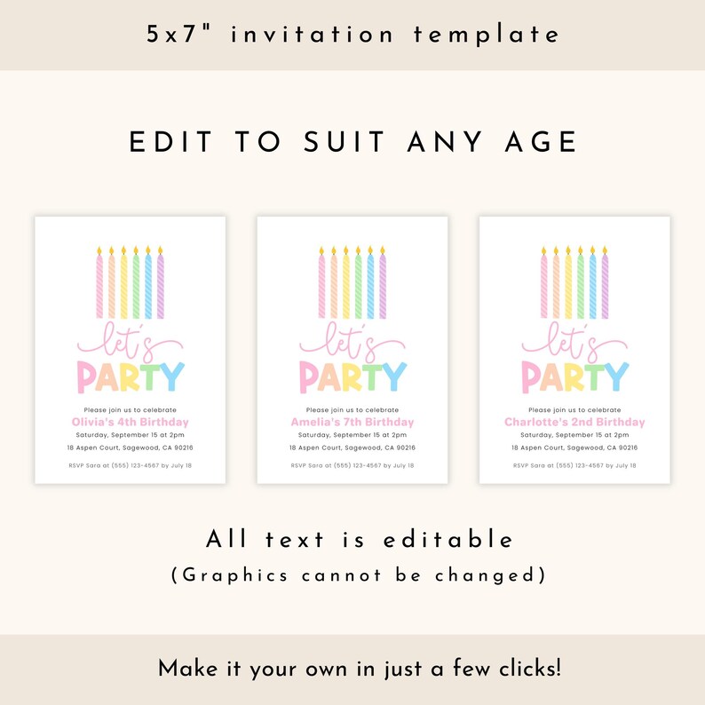 Pastel Birthday Invitation Girl, Rainbow Birthday Invite Kids, Lets Party Invites Girls, Digital Download image 2