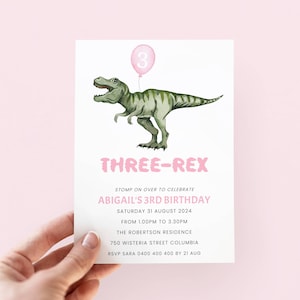 Dinosaur 3rd Birthday Invitation Girl, Editable Pink Dino Birthday Invite, Three Rex Dinosaur Invitation, T-Rex Invite for 3 Birthday Party