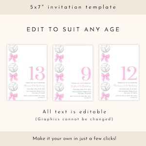 Volleyball Birthday Invitation, Editable Girl Volleyball Invite, Pink Bow Volleyball Party Invitation image 2