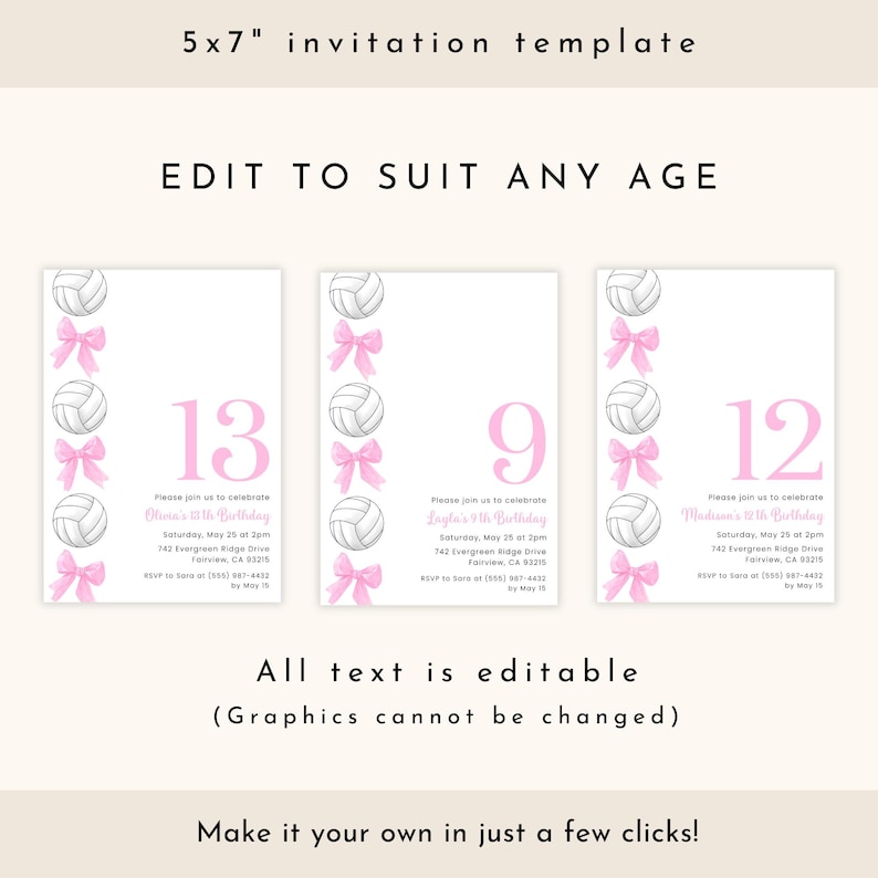 Volleyball Birthday Invitation, Editable Girl Volleyball Invite, Pink Bow Volleyball Party Invitation image 2