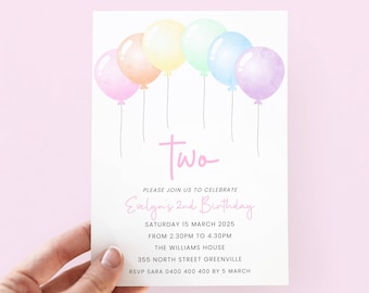Pastel Rainbow 2nd Birthday Invitation Girl, Digital Template
