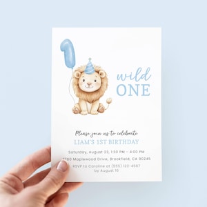 Wild One Birthday Invitation Boy, Editable Blue Lion 1st Birthday Invite, Safari Birthday Party Invitation for 1 Year Old, First Birthday