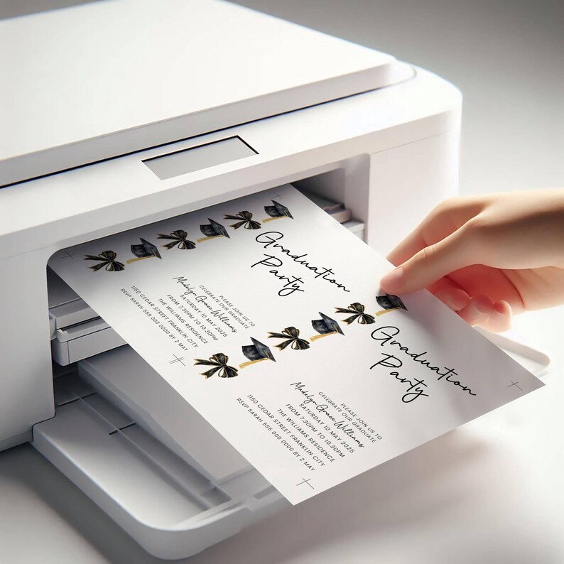 Op de afbeelding: Een witte printer die uitnodigingen voor een afstudeerfeest afdrukt. De uitnodigingen hebben zwarte afstudeerpetten en strikken met gouden accenten. De tekst op de uitnodiging luidt "Graduation Party" en bevat evenementdetails.