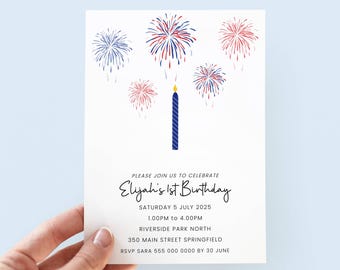 4th of July 1st Birthday Invitation, Editable Fourth of July Birthday Invitation for First Birthday Party Boy, Red White & Blue Invite Girl