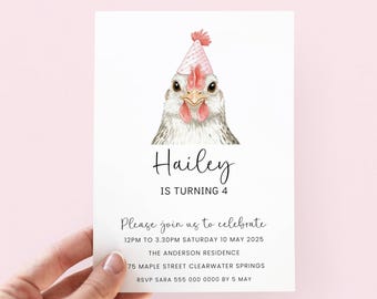 May include: A birthday invitation featuring a watercolor illustration of a chicken wearing a pink party hat. The invitation reads "Hailey is turning 4" and includes event details such as date, time, location, and RSVP information.
