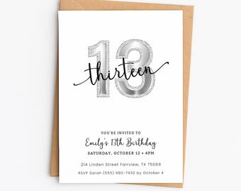 Invitation d'anniversaire argentée pour fille (13 ans), modèle numérique
