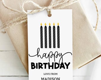 Happy Birthday Tag, Editable Happy Birthday Gift Tag Printable, Black Birthday Tag, Birthday Gift Label, Minimal Birthday Present Tag