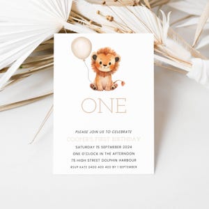 Convite de primeiro aniversário, convite de leão de primeiro aniversário de menino e menina, primeiro aniversário de Safari, aniversário selvagem, convite digital editável para impressão