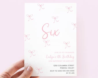 Pink Bow Invitation Girl 6, Editable 6th Birthday Party Invite Girls