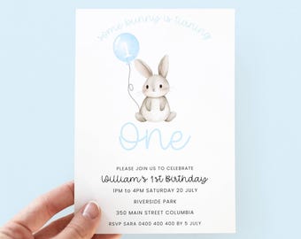 Some Bunny Is Turning One Invitation Blue, Editable Bunny 1st Birthday Invite Boy, Rabbit First Birthday Invitation for One Birthday Party