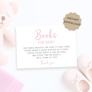 Boeken voor babykaart roze, instant download meisje babyshower breng een boek mee verzoek kaart meisje, afdrukbare roze boeken voor baby insteekkaart meisje