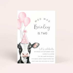Moo Moo Turning Two Cow Birthday Invite for Girl 2nd Birthday Party, Cow Second Birthday Invitation for 2 Year Old Cow Party Invitation Pink