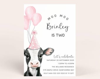 Moo Moo Turning Two Cow Birthday Invite for Girl 2nd Birthday Party, Cow Second Birthday Invitation for 2 Year Old Cow Party Invitation Pink