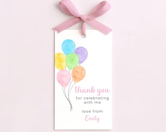 Ballon arc-en-ciel d'anniversaire Merci Tags fille, étiquette de faveur colorée, modèle numérique