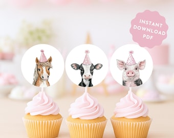 Pink Farm Animal Cupcake Toppers, Girl Farm Birthday Cake Topper Printable, Farm Cupcake Topper Instant Download, Girly Farm Party Decor