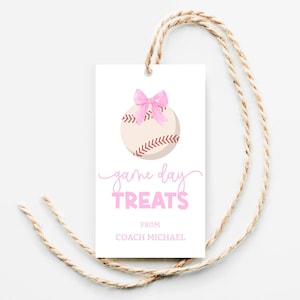 Baseball-Leckerli-Tag, bearbeitbarer rosa Bogen-Baseball-Spieltag-Tag für Mädchen, Baseball-Spieltag-Leckerli-Tag von Coach, Baseball-Snack-Tag bedruckbar