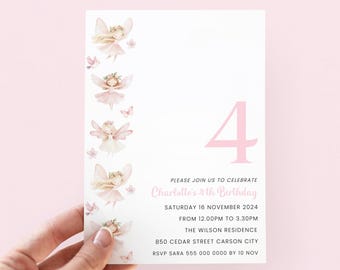 Fairy Birthday Invitation 4th Birthday Invite Girl Editable, Pink Fairy Invitation for 4 Year Old Girl Birthday Party, Fairy Party Invite
