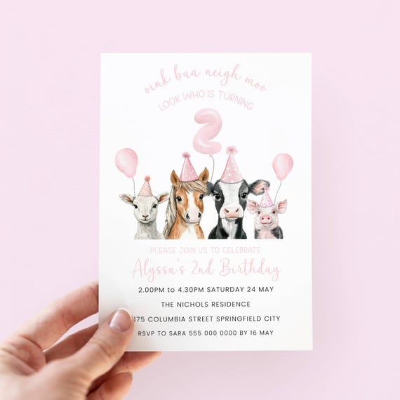 Farm 2nd Birthday Invitation Girl, Editable Pink Farm Birthday Invite Girl Farm Animal Birthday Invitation for Two Birthday Party 2 Year Old