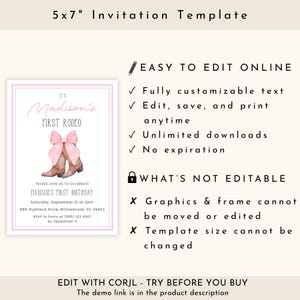 Puede incluir: Una plantilla de invitaci&oacute;n de 5x7 pulgadas con una ilustraci&oacute;n de un lazo rosa y botas vaqueras marrones. El texto dice Madison's First Rodeo y Madison's First Birthday. El dise&ntilde;o incluye campos de texto editables y detalles del evento.