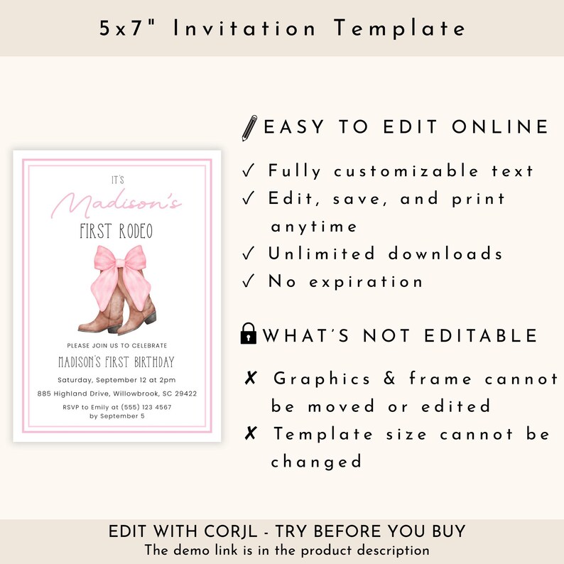 Puede incluir: Una plantilla de invitaci&oacute;n de 5x7 pulgadas con una ilustraci&oacute;n de un lazo rosa y botas vaqueras marrones. El texto dice Madison's First Rodeo y Madison's First Birthday. El dise&ntilde;o incluye campos de texto editables y detalles del evento.