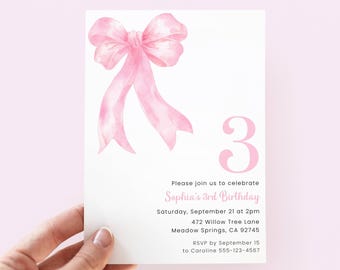 Pink Bow 3rd Birthday Invitation Girl, Digital Download