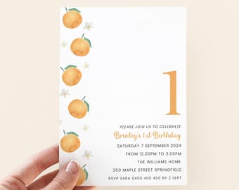 Little Cutie First Birthday Invitation, Orange 1st Birthday Invite Girl, Digital Download