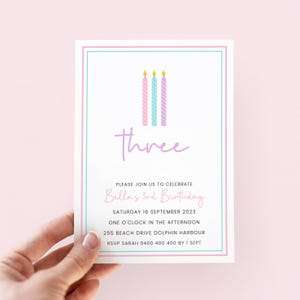 Pastel 3rd Birthday Invitation Girl, Digital Template