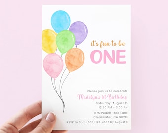 Fun To Be One 1st Birthday Invitation Girl, Editable First Birthday Invite Colourful Balloons, One Is Fun Party Invitation for 1 Year Old