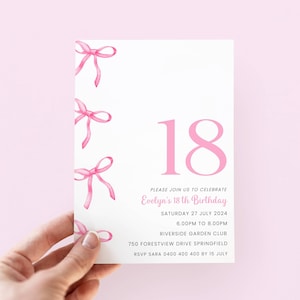 Pink Bow 18th Birthday Invitation, Editable Birthday Invite Girl Coquette Birthday Invitation Template for 18 Birthday Party, Pink Eighteen