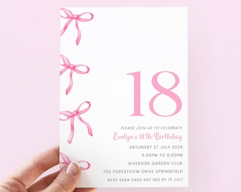 Pink Bow 18th Birthday Invitation, Editable Coquette Party Invite for 18 Year Old Girl