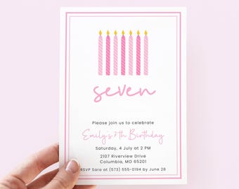 Pink 7th Birthday Invitation Girl, 7 Year Old Party Invite, Digital Download