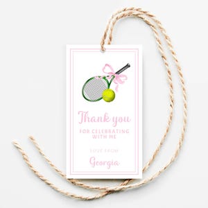 Etiqueta de tênis para meninas, etiqueta digital editável para presente de aniversário de tênis, etiquetas de agradecimento para tênis para imprimir em sacolas de festa, laço rosa fofo para bola de tênis