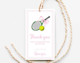 Etiqueta de lembrancinha de tênis para menina, etiqueta digital editável para presente de aniversário com tema de tênis, etiquetas de agradecimento imprimíveis para sacolas de festa, laço rosa fofo de bola de tênis