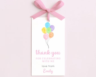 Etiquetas de lembrancinha com balões arco-íris para meninas, etiquetas de agradecimento coloridas e editáveis para festa de aniversário infantil.