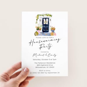 May include: A white invitation card featuring a watercolour illustration of a house entrance, pumpkins, and flowers. The text reads "Housewarming Party" hosted by Michael & Emily, with date, time, and RSVP details.