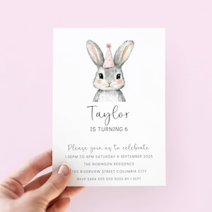 Rabbit Birthday Invitation Editable Pink Bunny Birthday Invite Girl, Cute Rabbit Invitation for Girl Birthday Party, Rabbit Party Invitation