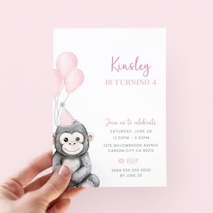 Faire-part d'anniversaire gorille, invitation d'anniversaire animal de la jungle rose, invitation de fête d'anniversaire safari rose modifiable pour les enfants, faire-part gorille