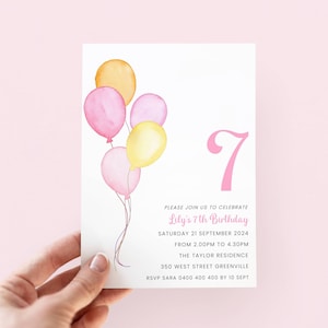 7th Birthday Invitation Girl, Pastel Birthday Invite Editable, Balloon Birthday Invitation for 7 Year Old Girl Birthday Party Invite, Simple
