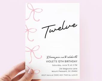 Pink Bow 12th Birthday Invitation Girl, Editable Coquette Party Invite 12 Year Old Tween