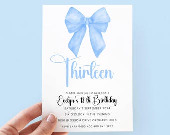 Blue Bow 13th Birthday Invitation, Editable Blue Birthday Invite Girl, Digital Coquette Birthday Invitation for 13 Birthday Party, Thirteen