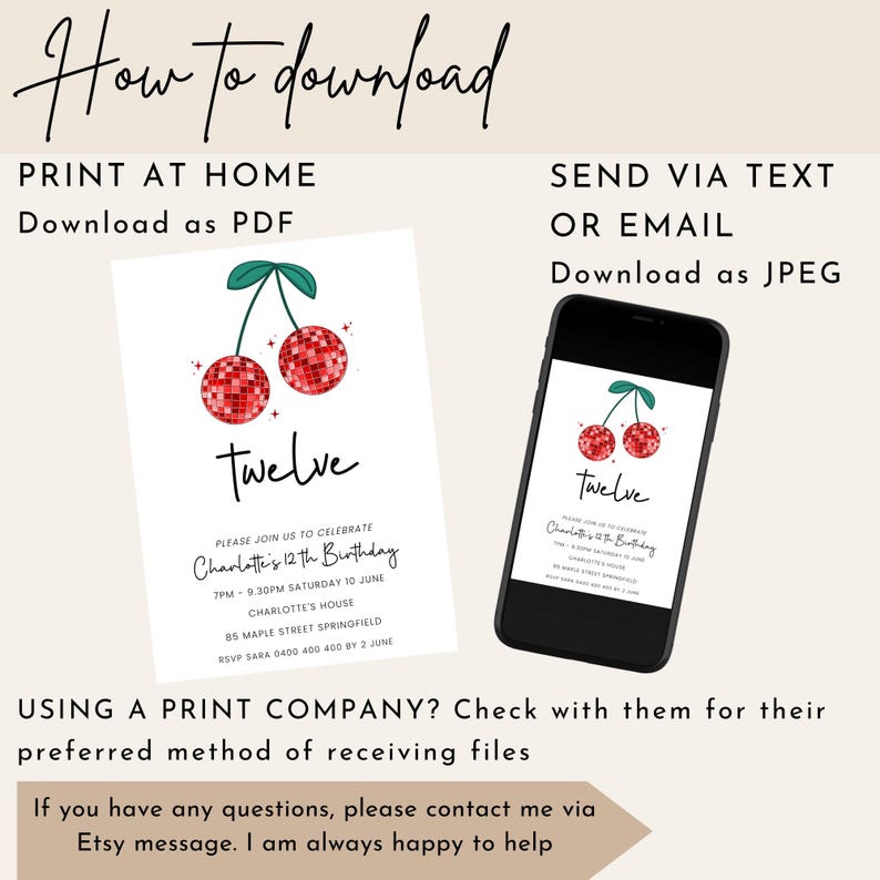 May include: Printable invitation for a 12th birthday party. The invitation features a red and green cherry with a disco ball design and the text "Twelve". The invitation includes the party details: date, time, location, and RSVP information.