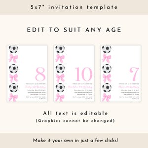 Voetbal verjaardagsuitnodiging meisje, bewerkbare meisje voetbal uitnodiging, roze strik voetbal uitnodiging voor feest afbeelding 2