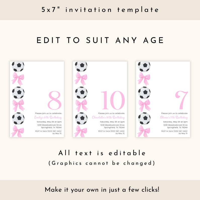 Voetbal verjaardagsuitnodiging meisje, bewerkbare meisje voetbal uitnodiging, roze strik voetbal uitnodiging voor feest afbeelding 2