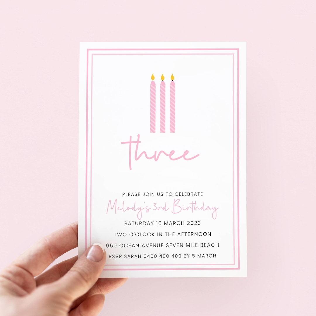 Pink 3rd Birthday Invitation, Editable Pink Birthday Invite Girl ...