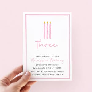 Pink 3rd Birthday Invitation, Editable Pink Birthday Invite Girl, Printable Birthday Candle Invitation Template for 3 Birthday Party, Simple